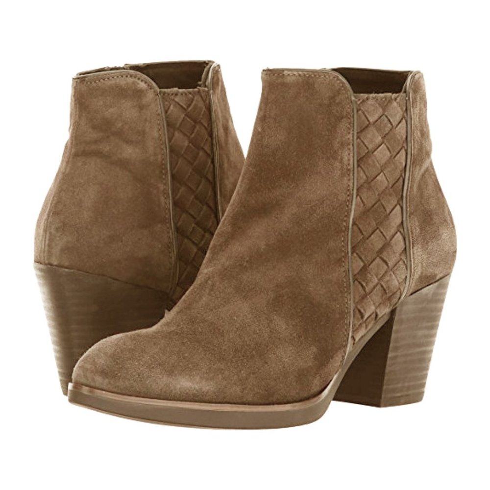 NEW Eric Michael Women Suede Woven Panel Zip Up Ankle Block Heel Dress Bootie